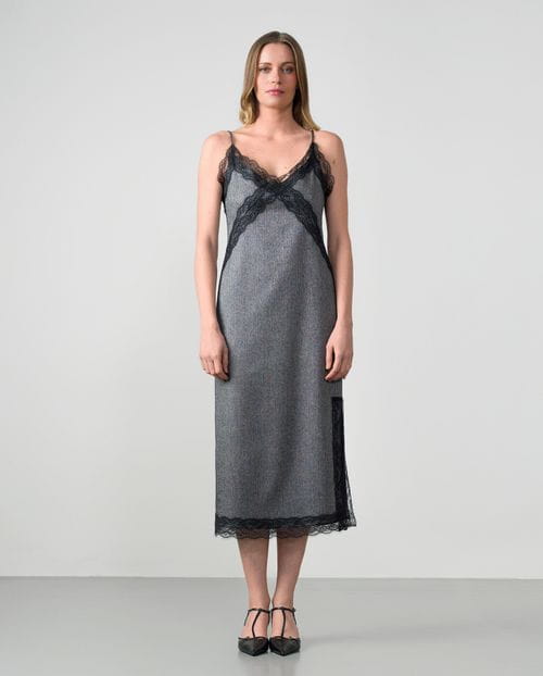 Herringbone slip dress with Chantilly lace trim