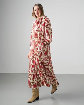 Vestido midi fluido de estilo romántico en tejido de viscosa estampada con hilos metalizados