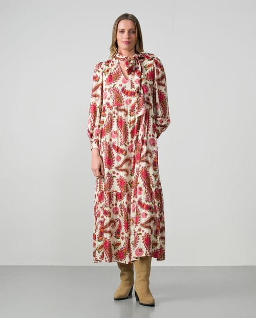 Romantic-style midi dress in printed viscose fabric with metallic threads