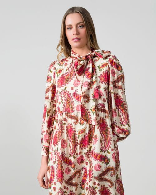 Romantic-style midi dress in printed viscose fabric with metallic threads