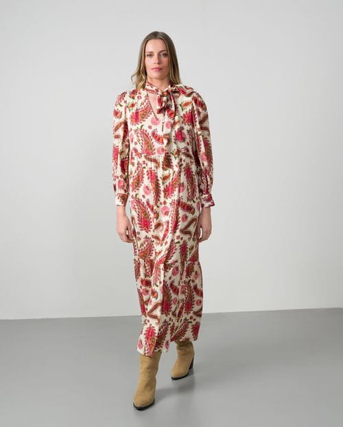 Romantic-style midi dress in printed viscose fabric with metallic threads