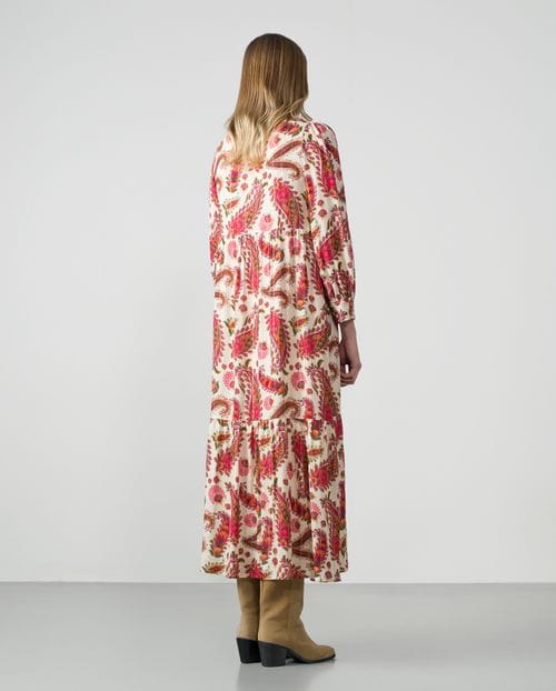 Romantic-style midi dress in printed viscose fabric with metallic threads