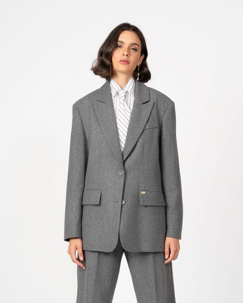 Oversised masculine-style blazer in pinstripe grey flannel fabric