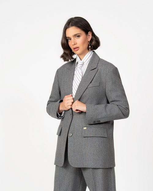 Oversised masculine-style blazer in pinstripe grey flannel fabric