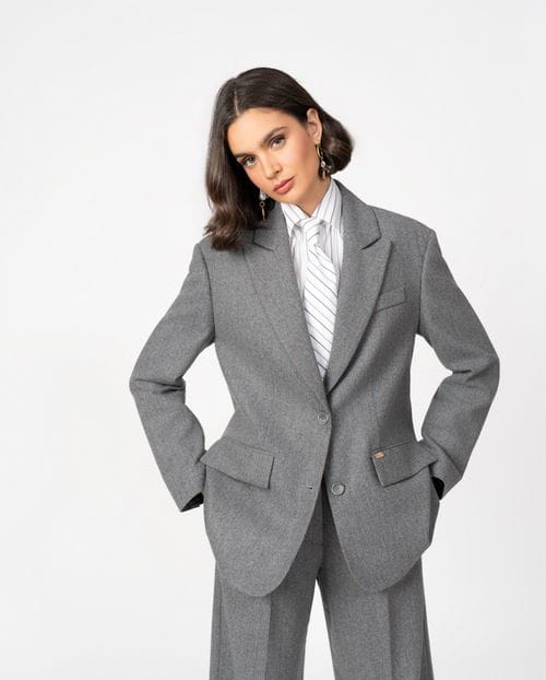 Oversised masculine-style blazer in pinstripe grey flannel fabric