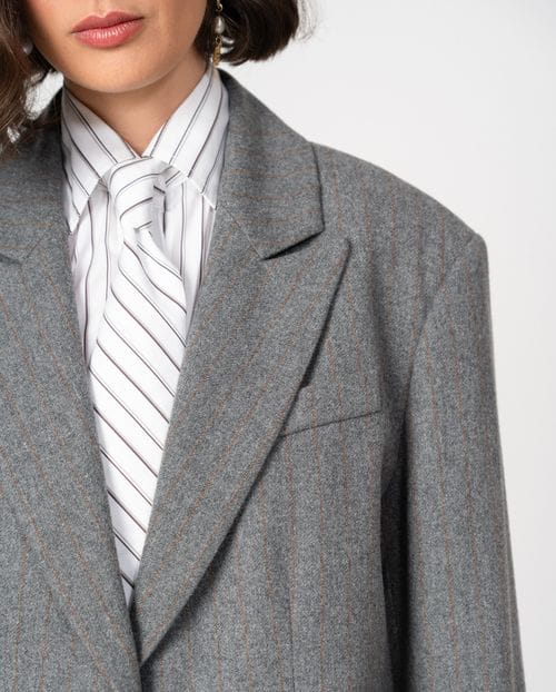 Oversised masculine-style blazer in pinstripe grey flannel fabric