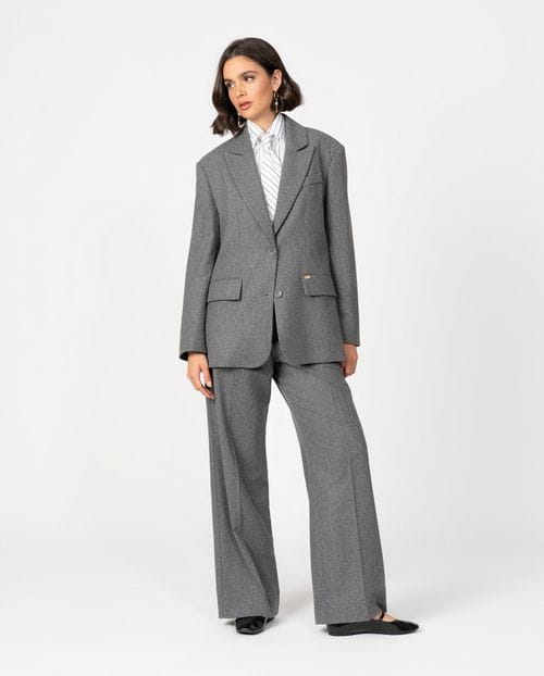 Oversised masculine-style blazer in pinstripe grey flannel fabric