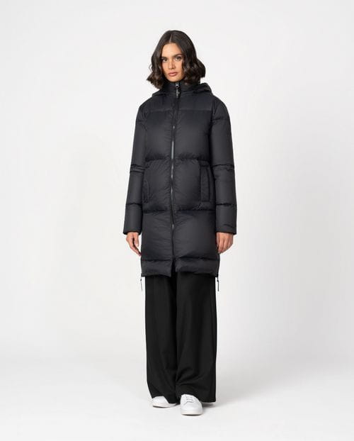 <p>Midi length hooded down coat with zipper, made in water-repellent fabric and filled with real down and feather</p>