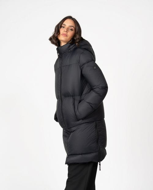 <p>Midi length hooded down coat with zipper, made in water-repellent fabric and filled with real down and feather</p>