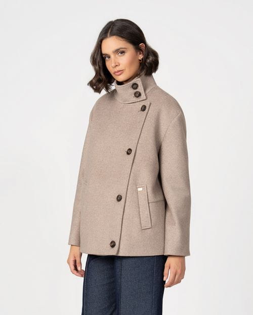 Crossover coat with funnel collar in twill wool fabric with brushed effect