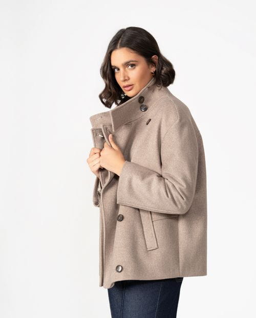 Crossover coat with funnel collar in twill wool fabric with brushed effect