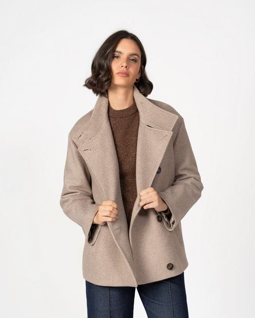 Crossover coat with funnel collar in twill wool fabric with brushed effect
