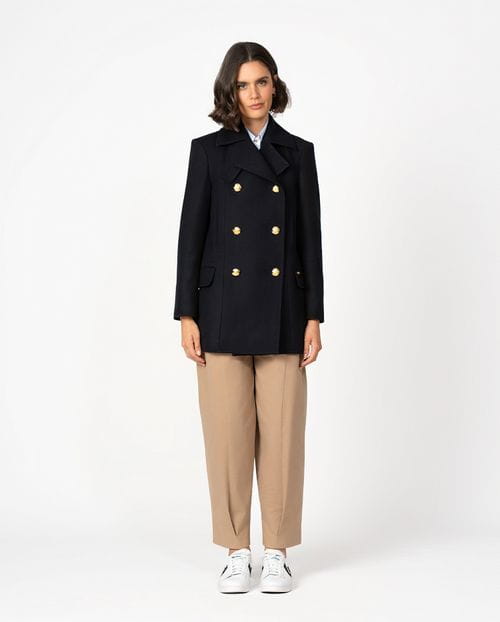 Retro-inspired peacoat crafted in Loden-style wool fabric with oversized golden buttons