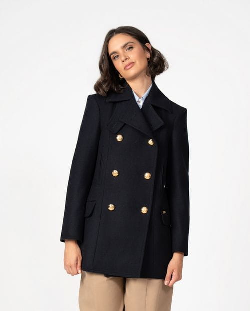 Retro-inspired peacoat crafted in Loden-style wool fabric with oversized golden buttons