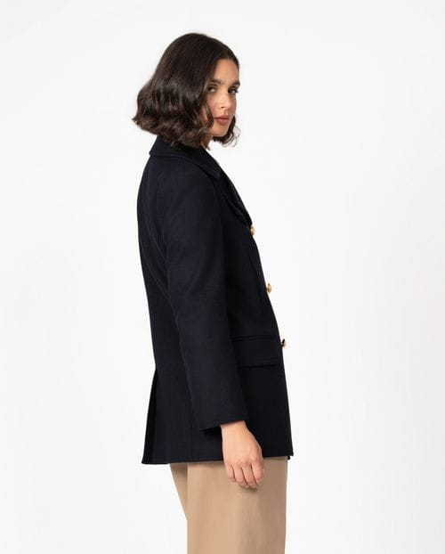 Retro-inspired peacoat crafted in Loden-style wool fabric with oversized golden buttons