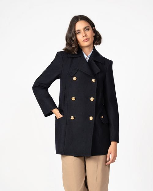 Retro-inspired peacoat crafted in Loden-style wool fabric with oversized golden buttons