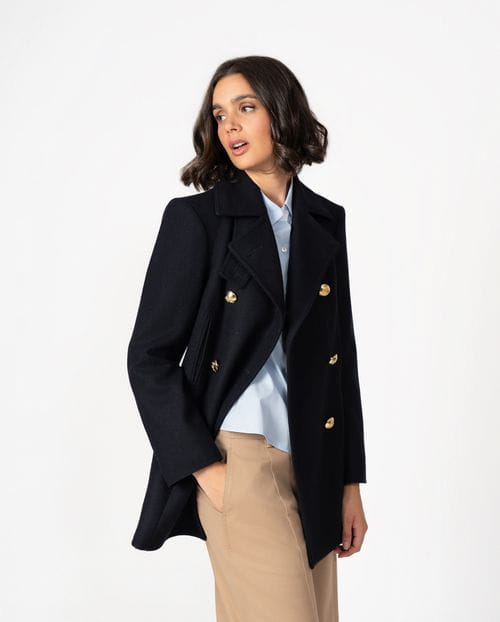 Retro-inspired peacoat crafted in Loden-style wool fabric with oversized golden buttons