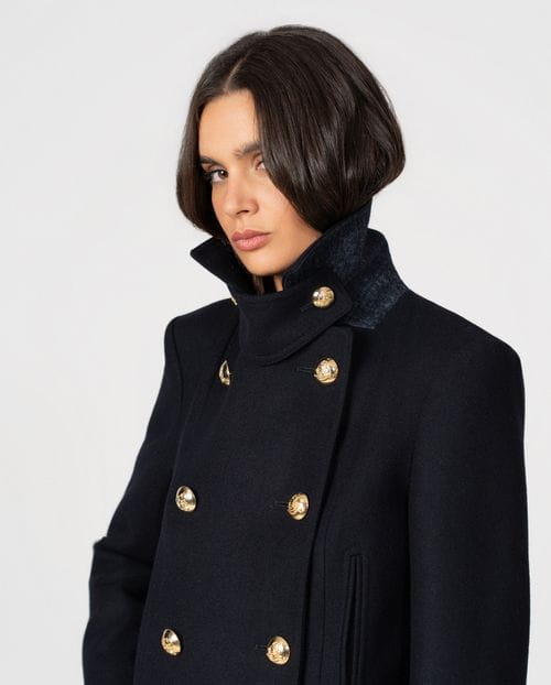 Retro-inspired peacoat crafted in Loden-style wool fabric with oversized golden buttons
