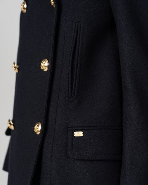 Retro-inspired peacoat crafted in Loden-style wool fabric with oversized golden buttons