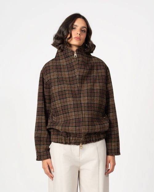 Blouson-style coat with funnel collar and front zipper crafted from Tartan virgin wool fabric