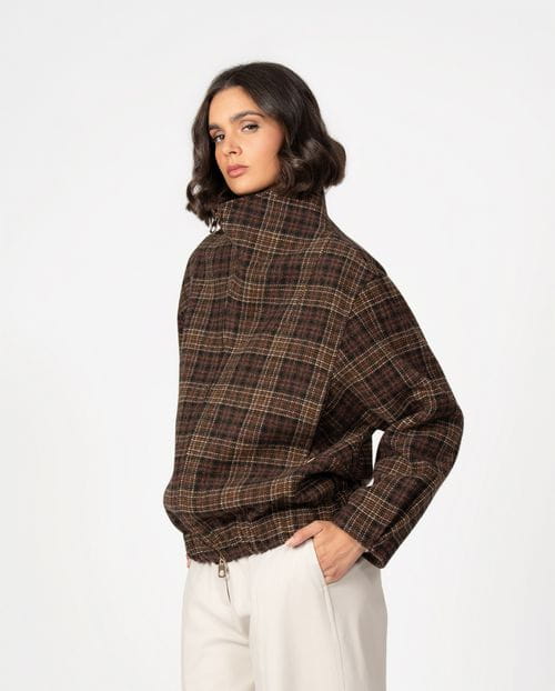 Blouson-style coat with funnel collar and front zipper crafted from Tartan virgin wool fabric