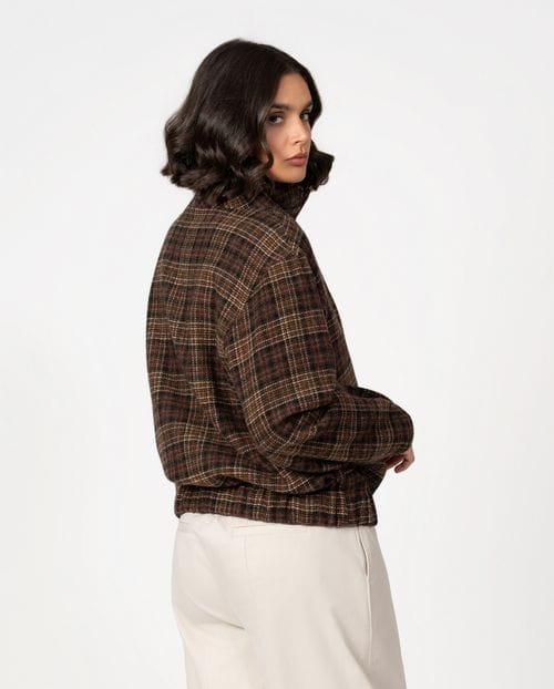 Blouson-style coat with funnel collar and front zipper crafted from Tartan virgin wool fabric