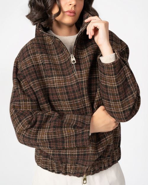 Blouson-style coat with funnel collar and front zipper crafted from Tartan virgin wool fabric