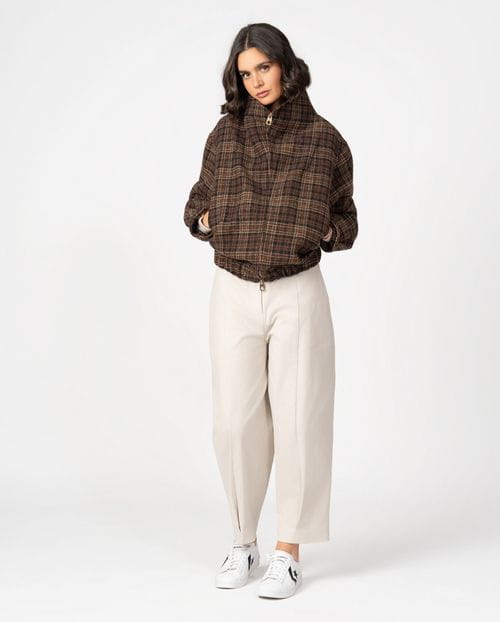 Blouson-style coat with funnel collar and front zipper crafted from Tartan virgin wool fabric