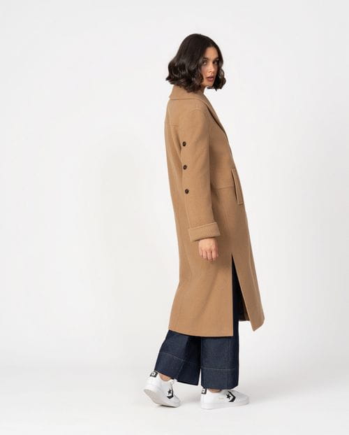 Long coat with shawl collar and knitted cuffs in wool mouflon