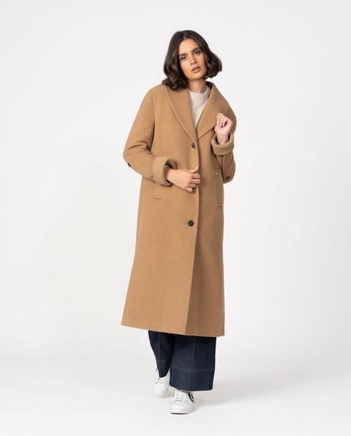 Long coat with shawl collar and knitted cuffs in wool mouflon