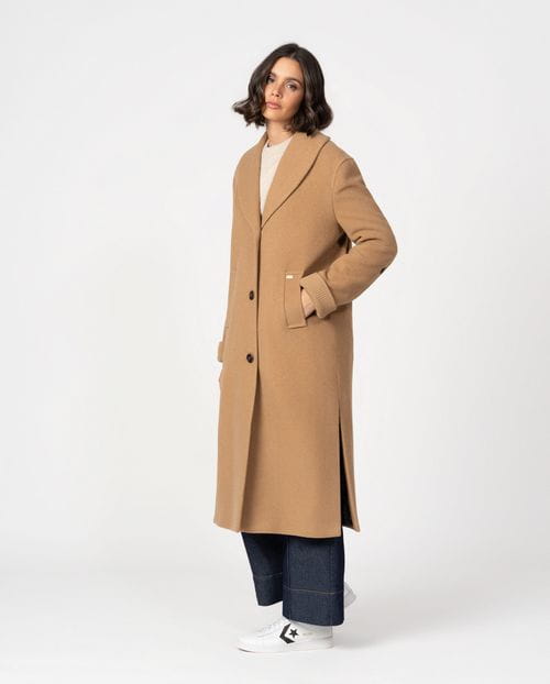 Long coat with shawl collar and knitted cuffs in wool mouflon