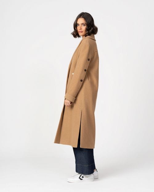 Long coat with shawl collar and knitted cuffs in wool mouflon