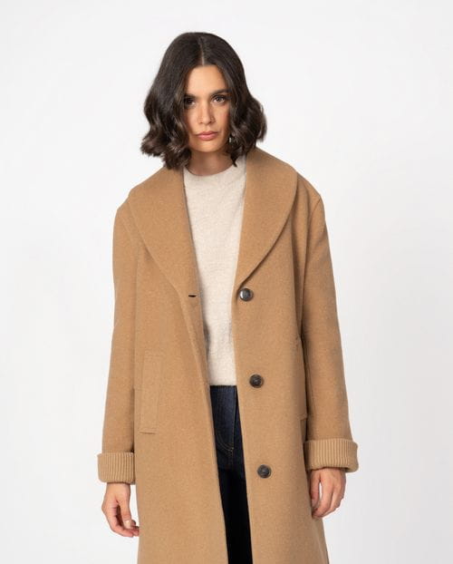 Long coat with shawl collar and knitted cuffs in wool mouflon