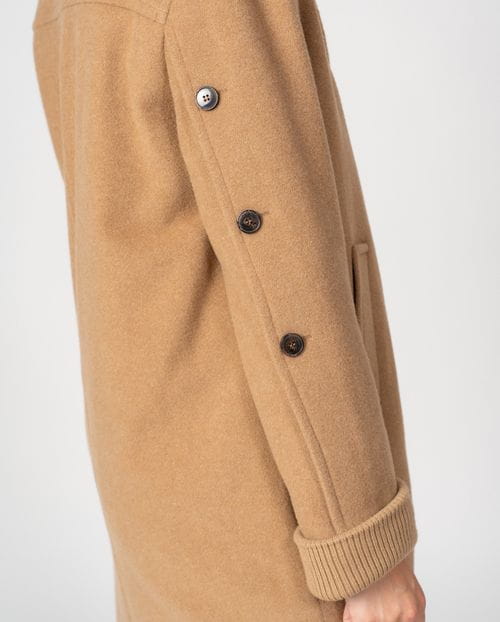 Long coat with shawl collar and knitted cuffs in wool mouflon
