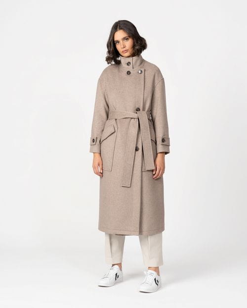 Long belted coat with funnel collar in wool twill with brushed effect