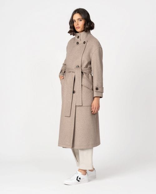 Long belted coat with funnel collar in wool twill with brushed effect