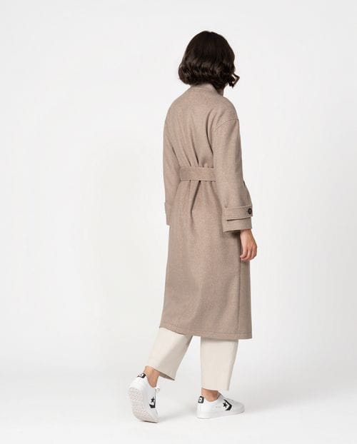 Long belted coat with funnel collar in wool twill with brushed effect