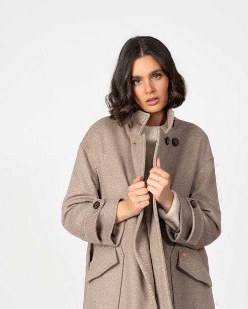 Long belted coat with funnel collar in wool twill with brushed effect