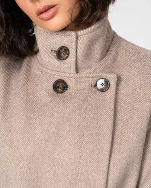 Long belted coat with funnel collar in wool twill with brushed effect