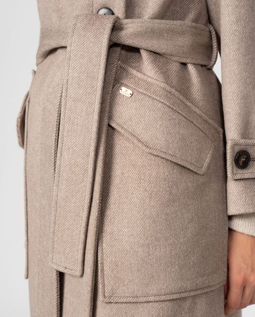 Long belted coat with funnel collar in wool twill with brushed effect