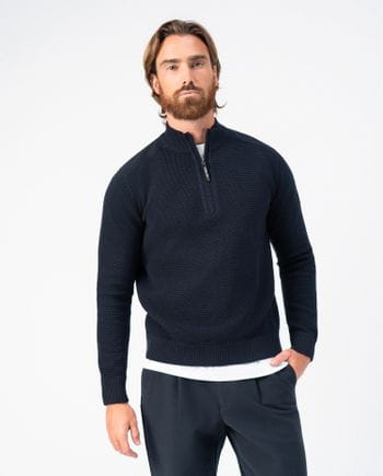 Combined structure-ribbed pullover with high neck and zip