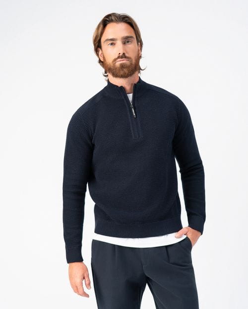 <p>Combined structure-ribbed pullover with high neck and zip</p>