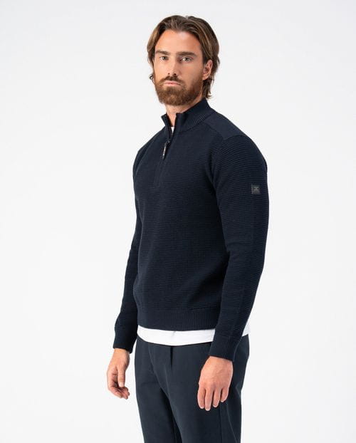 <p>Combined structure-ribbed pullover with high neck and zip</p>