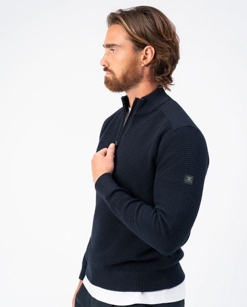 <p>Combined structure-ribbed pullover with high neck and zip</p>