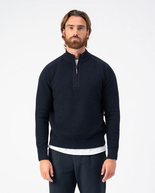 <p>Combined structure-ribbed pullover with high neck and zip</p>