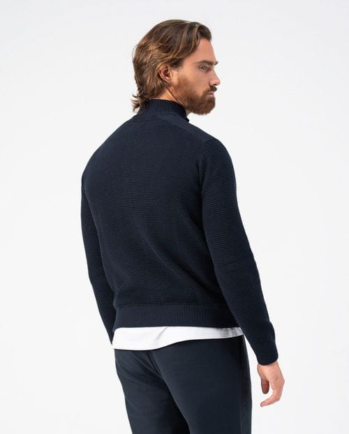 <p>Combined structure-ribbed pullover with high neck and zip</p>