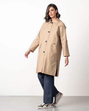 Dustercoat with detachable hood made in water-repellent cotton twill fabric