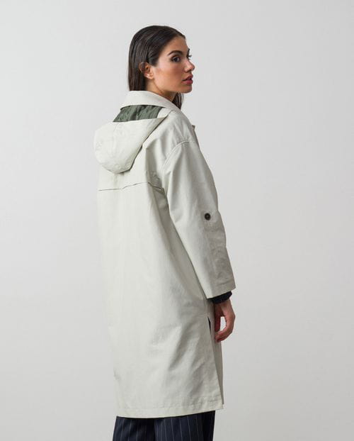 Dustercoat with detachable hood made in water-proof cotton twill fabric
