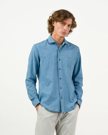 Washed sport shirt of crow´s foot in linen-cotton denim
