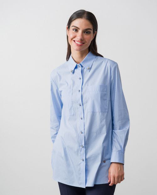 Long blouse with embellished collar in 'Kodac' stripped cotton poplin fabric